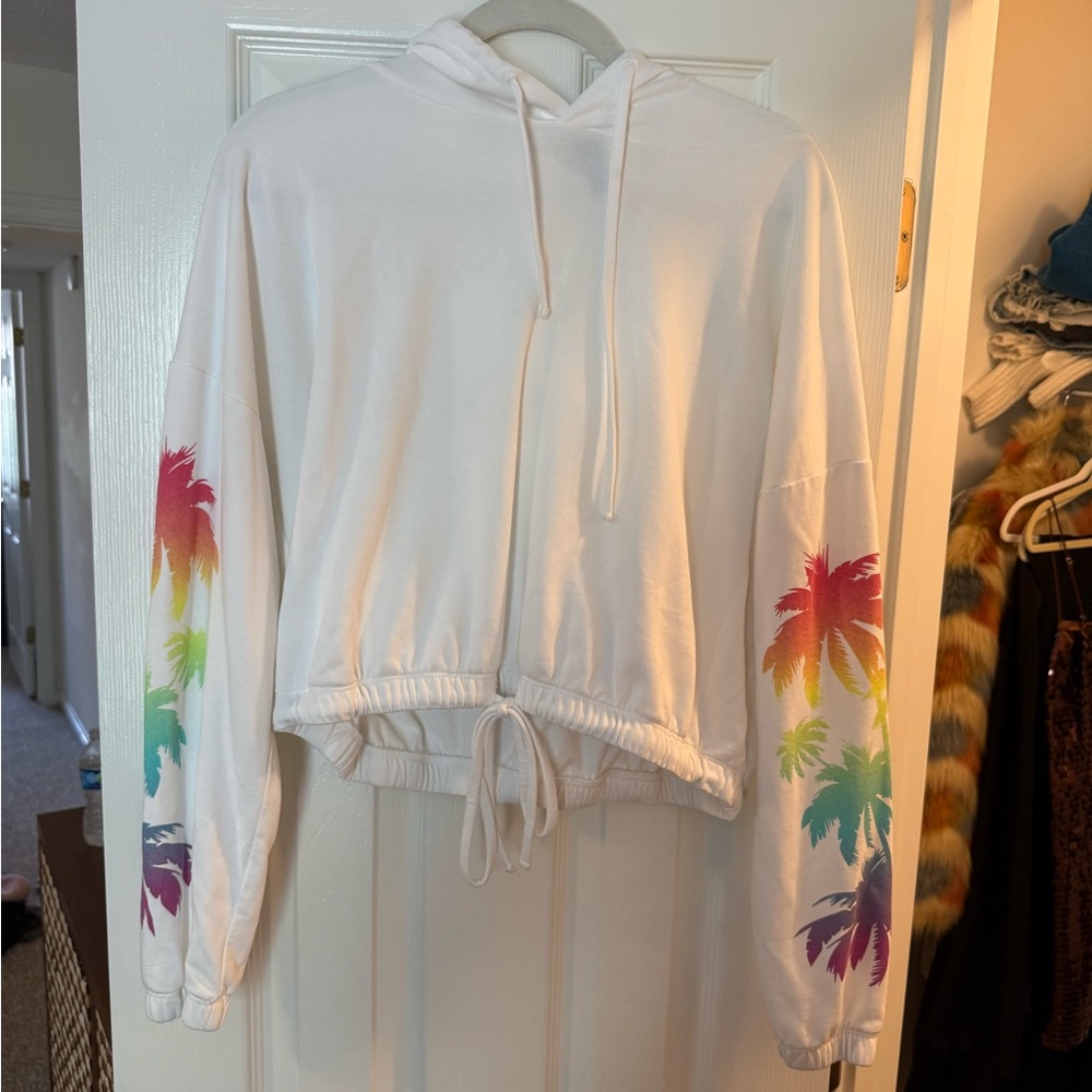 Beach Riot White Hoodie with Colorful Palm Tree Sleeves